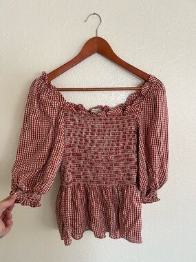 Max Studio Red and White Smocked Gingham Top